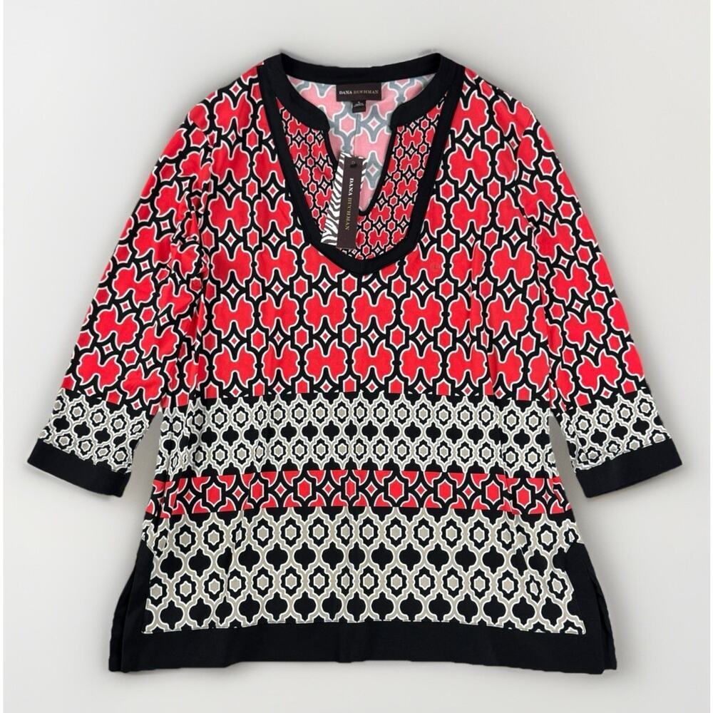 NWT Dana Buchman Bittersweet Tunic Top Sz L Red Artsy Abstract Ethnic Kurti Boho